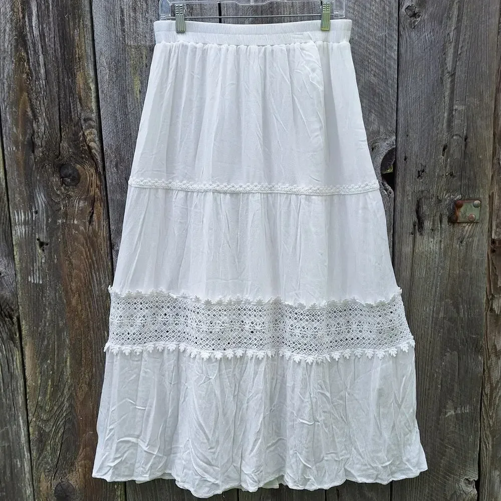 Zesica Boho tiered maxi skirt crochet w pockets long white beachy cottagecore